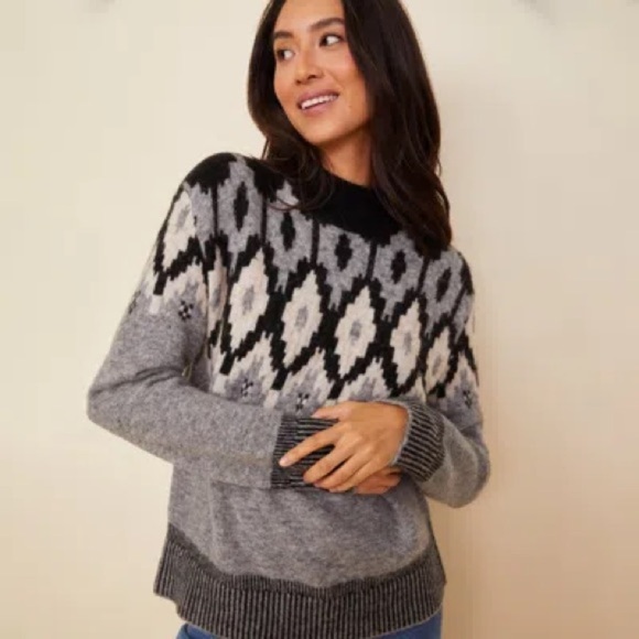MONROW Mock Neck Fair Isle Sweater In Heather Grey XS - Picture 2 of 6